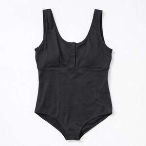 Albion Fit Womens Large One Piece Swimsuit Black Ribbed Henley Button Scoop Back